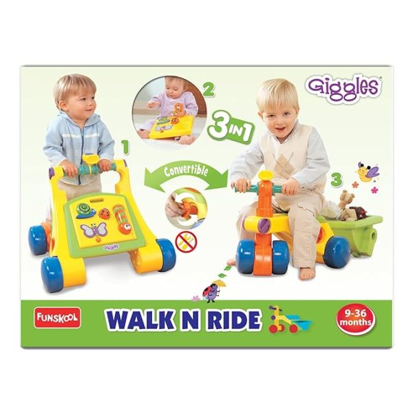 Funskool Giggles, Walk N Ride, 3 in 1 Activity Toy, Walker and Trike, Detachable Pull-Along Trailer, Sturdy and Safe, 9 Months to 3 Years