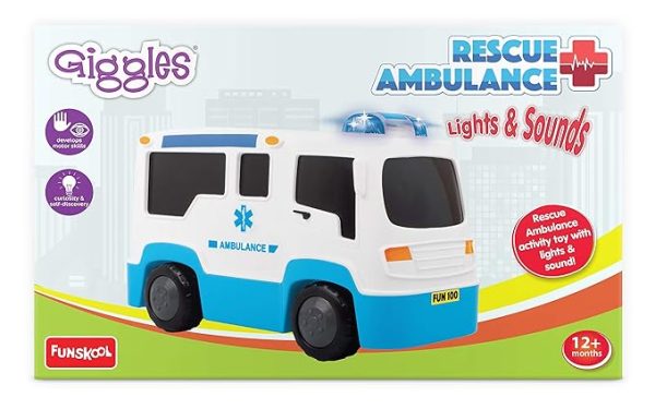 Funskool Giggles, Rescue Ambulance, Multicolour Vehicle with Lights and Sounds, Develops Motor Skills, 12 Months & Above, Infant and Preschool Toys
