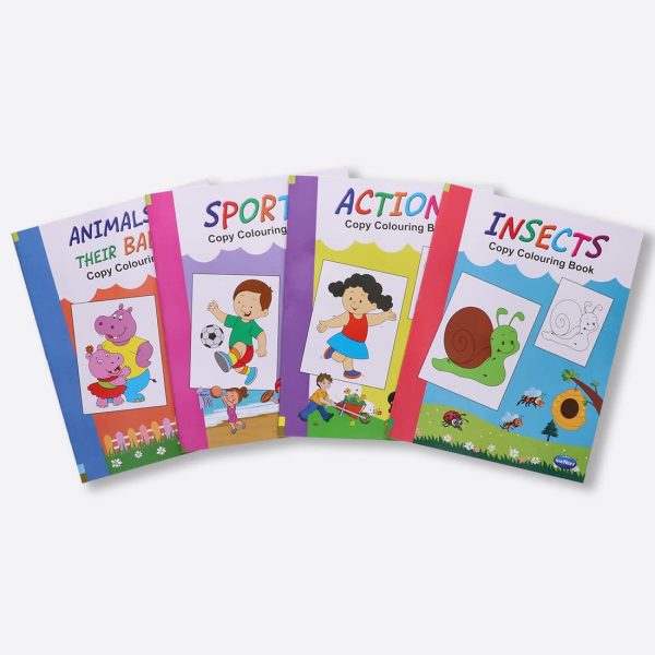 Navneet Theme Copy Colouring Book - Set of 4 books - Actions, Sports, Animals & their babies, Insects - Painting and colouring books for kids