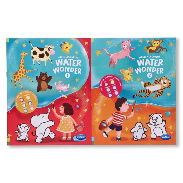 Navneet Water Wonder colouring books I and II, child friendly with various pictures.