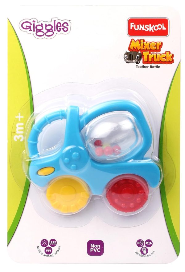 Giggles Funskool, Mixer Truck Teether Rattle, Teether for Babies to soothen Their Gums, Easy to Grasp and chew with Rattle Sounds, 3 Months & Above, Infant Toys