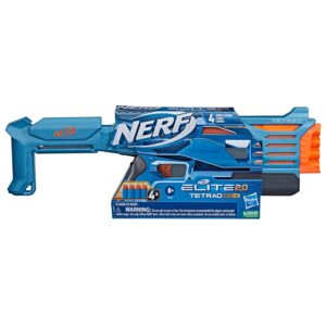 Nerf Elite 2.0 Tetrad QS-4 Blaster, 4 Elite Darts, 4-Barrel Blasting, Tactical Rail for Customizing Capability, Ages 8+