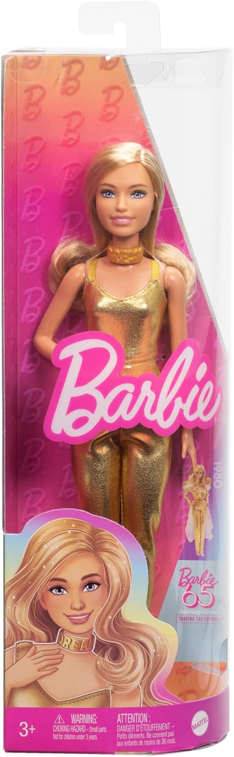 Barbie Fashionistas Doll 222, Petite Height with Wavy Blonde Hair, Gold Jumpsuit and Accessories, Collectable Fashion Doll for 65th Anniversary,Gold
