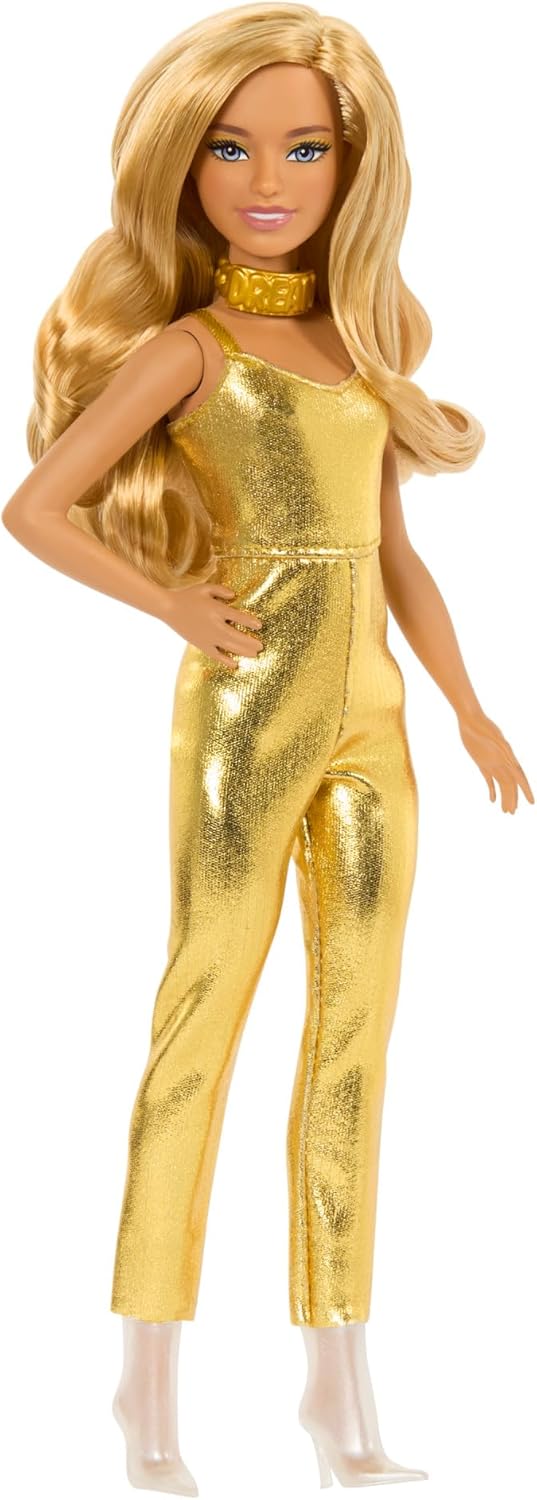 Barbie Fashionistas Doll 222, Petite Height with Wavy Blonde Hair, Gold Jumpsuit and Accessories, Collectable Fashion Doll for 65th Anniversary,Gold - Image 6