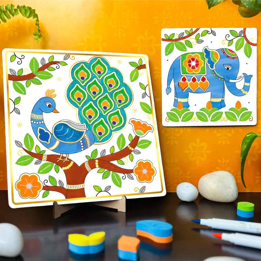 Imagimake DIY Madhubani Art Kit Make 12 Paintings Madhubani Painting & Colouring Kit Using Water Brush Pen & Stamps Art & Craft Kit for Kids & Adults Gift for Girls Age 8+ - Image 3