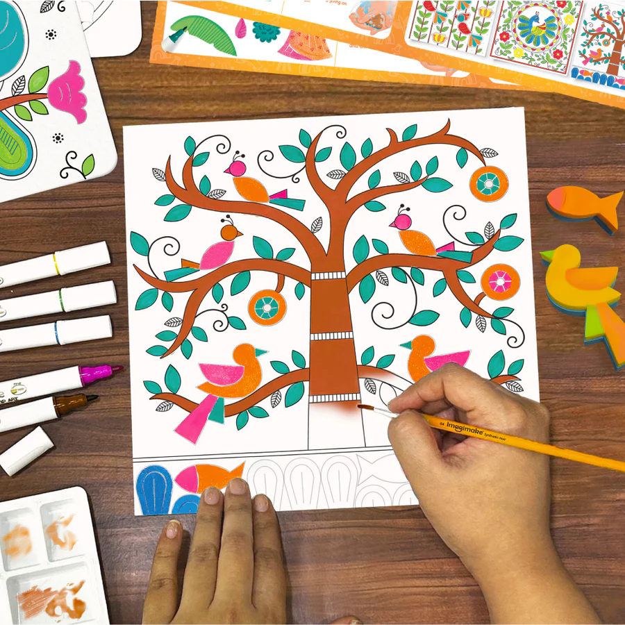 Imagimake DIY Madhubani Art Kit Make 12 Paintings Madhubani Painting & Colouring Kit Using Water Brush Pen & Stamps Art & Craft Kit for Kids & Adults Gift for Girls Age 8+ - Image 4