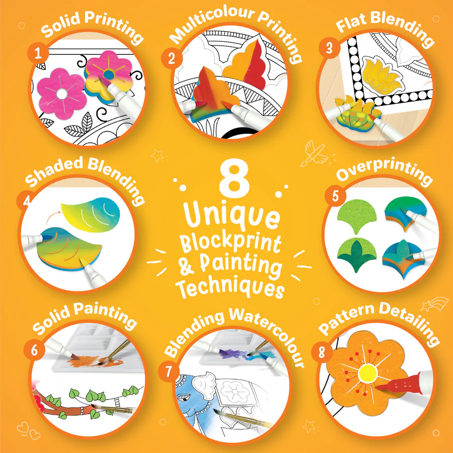 Imagimake DIY Madhubani Art Kit Make 12 Paintings Madhubani Painting & Colouring Kit Using Water Brush Pen & Stamps Art & Craft Kit for Kids & Adults Gift for Girls Age 8+ - Image 5