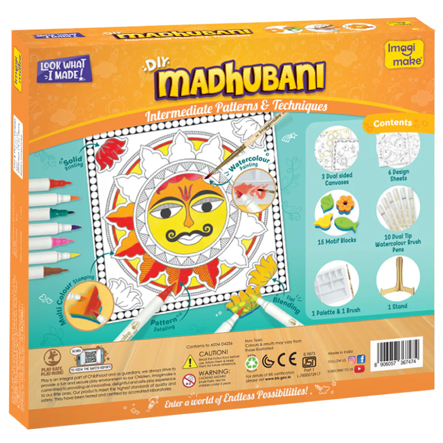 Imagimake DIY Madhubani Art Kit Make 12 Paintings Madhubani Painting & Colouring Kit Using Water Brush Pen & Stamps Art & Craft Kit for Kids & Adults Gift for Girls Age 8+ - Image 6