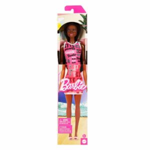 Barbie Fashion Doll with Straight Black Hair Wearing Removable Pink Tank Dress with Logo Print & Shoes