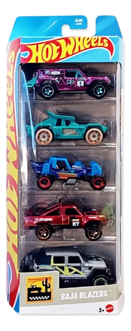 Hot Wheels Baja Blazers Pack of 5 (Bull Whip, 87 Dodge D100, Ford Bronco R, Mountain Mauler, 17 Jeep Wrangler) Multi - Color, Ages 3+