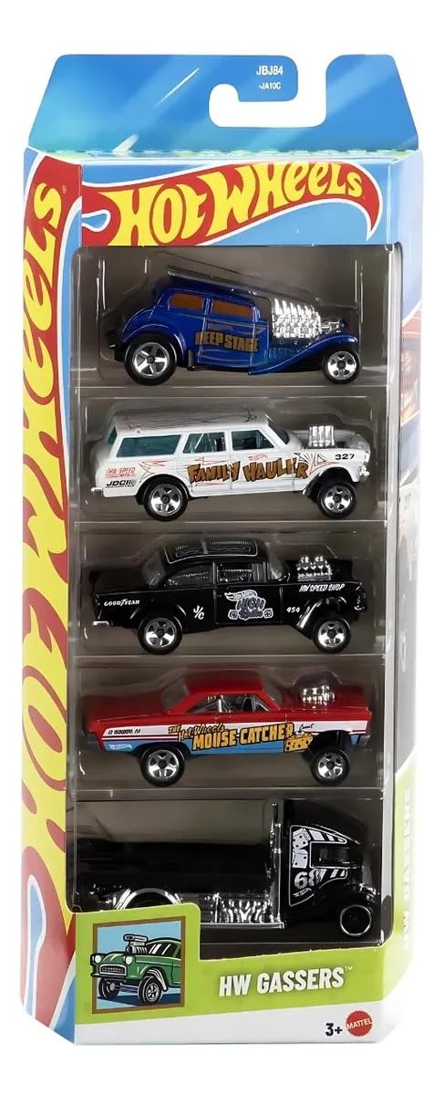 Hot Wheels HW Gassers Pack of 5 (55 Chevy Bel Air Gasser, 65 Mercury Comet Cyclone, 64 Chevy Nova Gasser, Straight Pipes, Fast-Bed Hauler) Multi - Color, Ages 3+