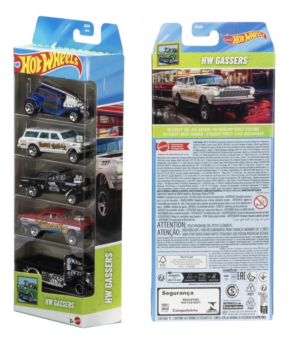 Hot Wheels HW Gassers Pack of 5 (55 Chevy Bel Air Gasser, 65 Mercury Comet Cyclone, 64 Chevy Nova Gasser, Straight Pipes, Fast-Bed Hauler) Multi - Color, Ages 3+ - Image 3