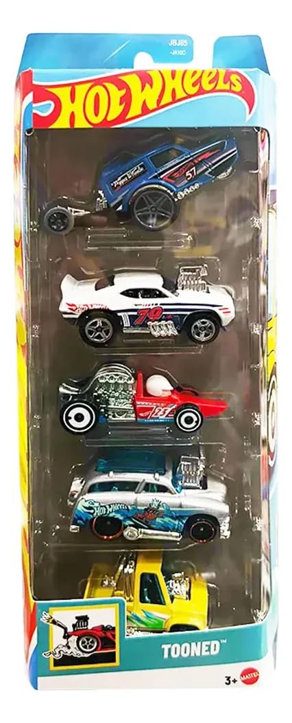 Hot Wheels Tooned Pack of 5 (Surd N Turf, Toon'd 83 Chevy, Silverado, HW Poppa Wheelie, 69 Camaro Z28, Head Starter) Multi - Color, Ages 3+