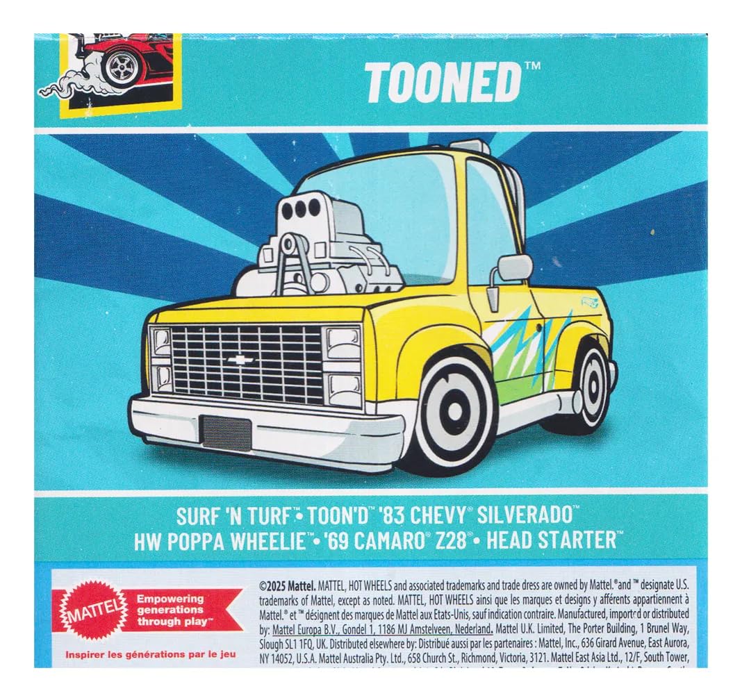 Hot Wheels Tooned Pack of 5 (Surd N Turf, Toon'd 83 Chevy, Silverado, HW Poppa Wheelie, 69 Camaro Z28, Head Starter) Multi - Color, Ages 3+ - Image 2
