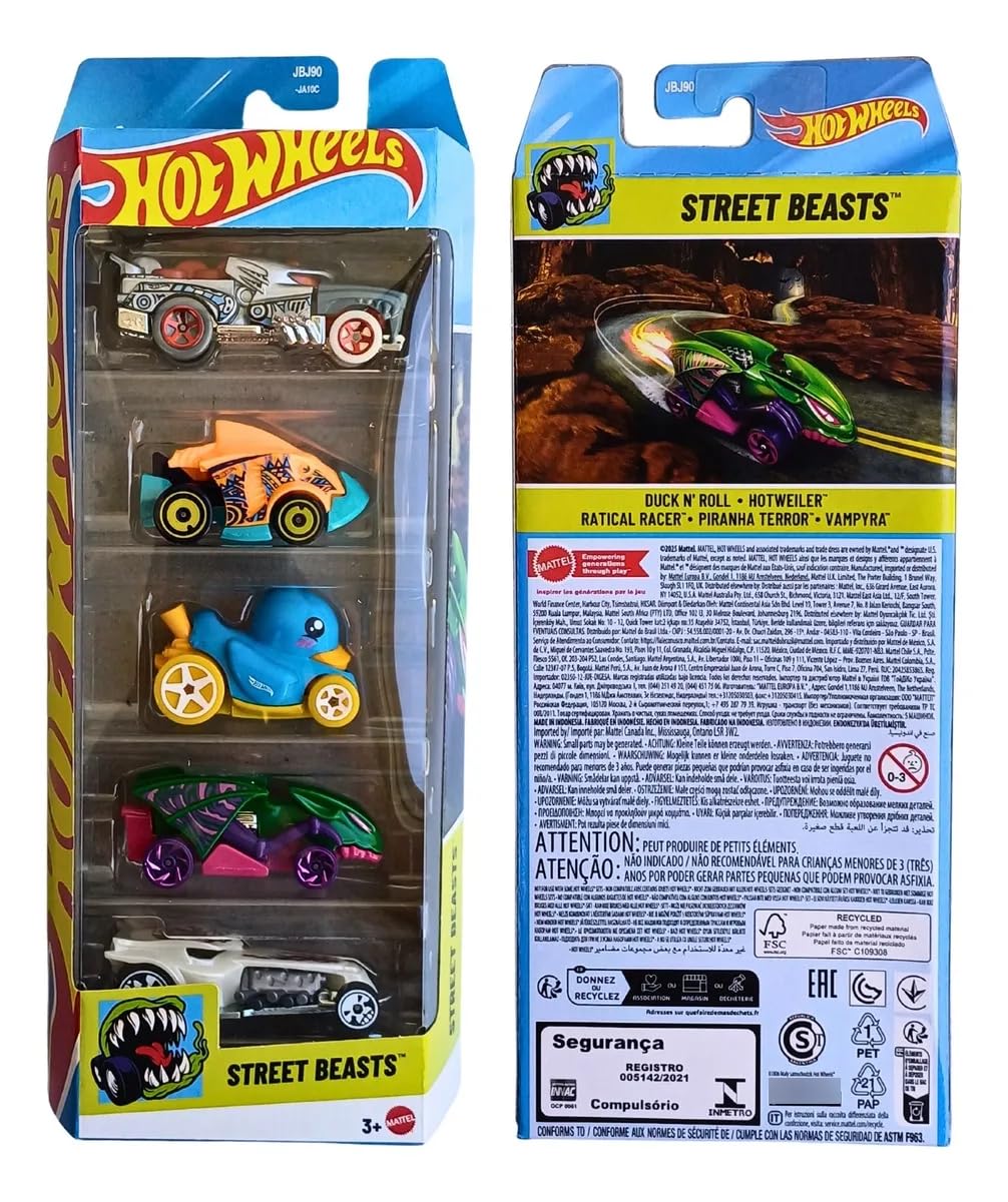 Hot Wheels Street Beasts Pack of 5 (Duck N Roll, Hotweiler, Ratical Racer, Piranha Terror, Vampyra) Multi - Color, Ages 3+ - Image 2