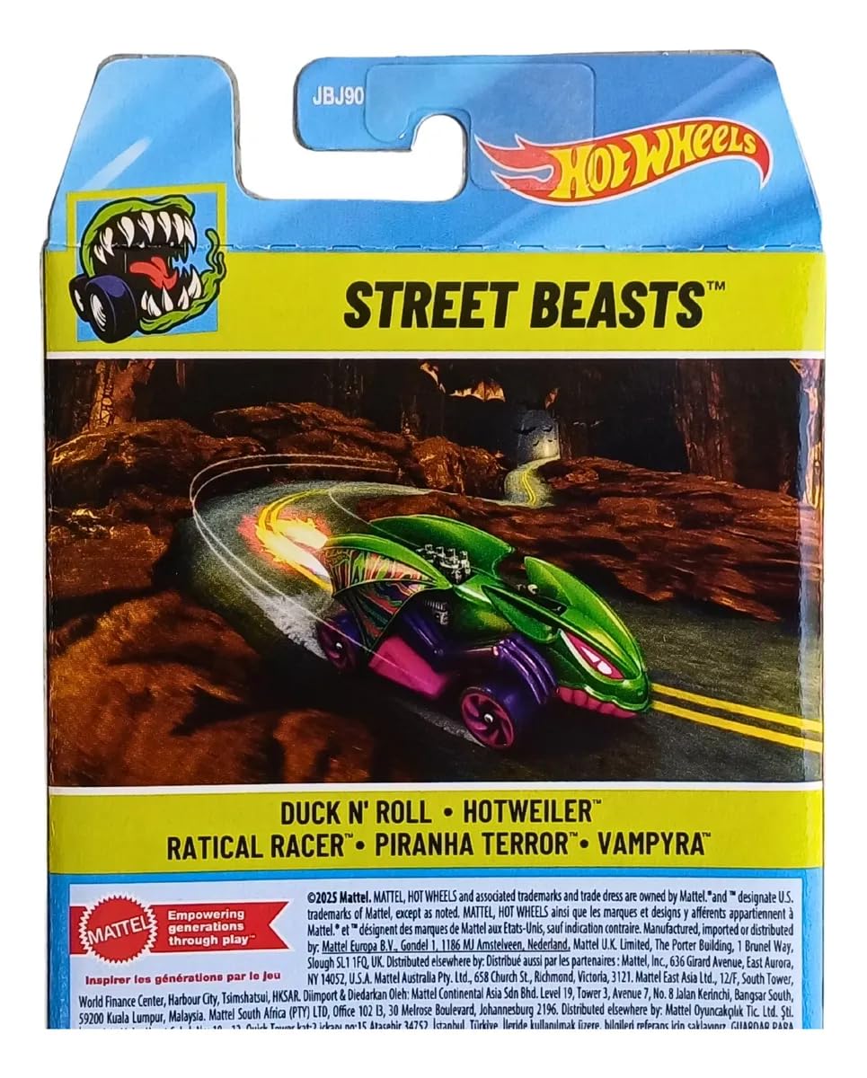 Hot Wheels Street Beasts Pack of 5 (Duck N Roll, Hotweiler, Ratical Racer, Piranha Terror, Vampyra) Multi - Color, Ages 3+ - Image 3