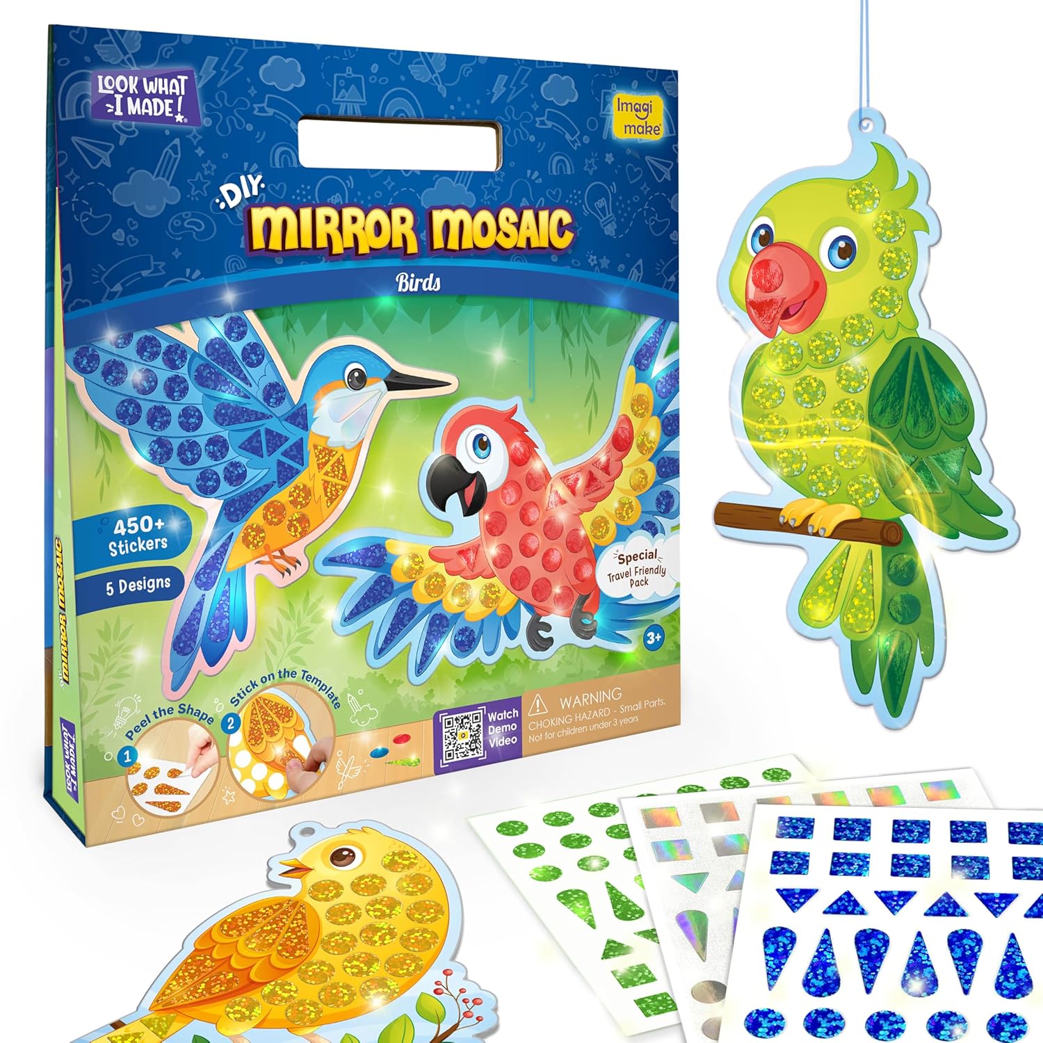 Imagimake Mirror Mosaic : Birds Mess Free DIY Mosaic Craft kit Travel Toys for Kids, Ages 3+