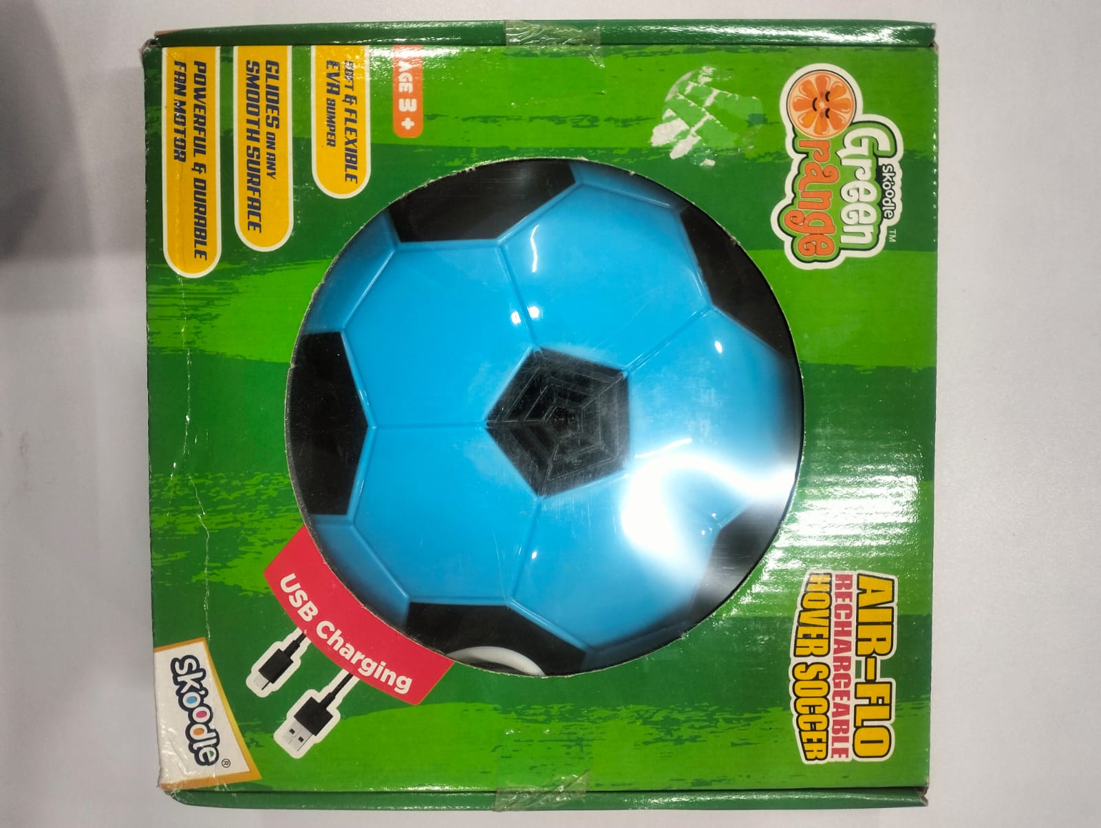 Skoodle Green Range Air-Flo Hover Soccer Rechargeable Football (Blue Colore), Indoor Floating Air Ball with LED Lights Electric Hover Hoverball Toy, Indoor Game, Ages 3+