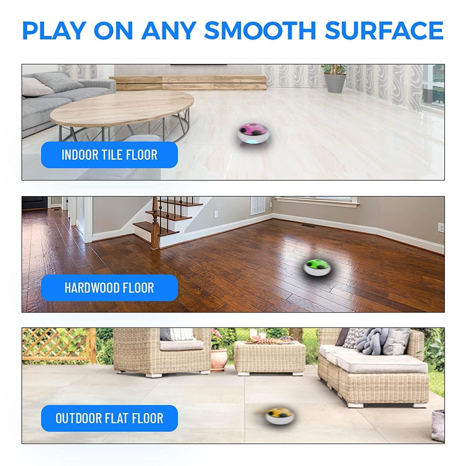 Skoodle Green Range Air-Flo Hover Soccer Rechargeable Football (Blue Colore), Indoor Floating Air Ball with LED Lights Electric Hover Hoverball Toy, Indoor Game, Ages 3+ - Image 6